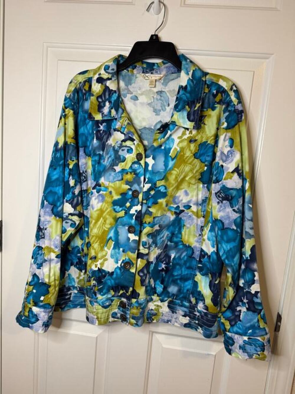 Krazy Kat Cotton Watercolor Floral Button Front Jacket Blue Green Pockes XXL